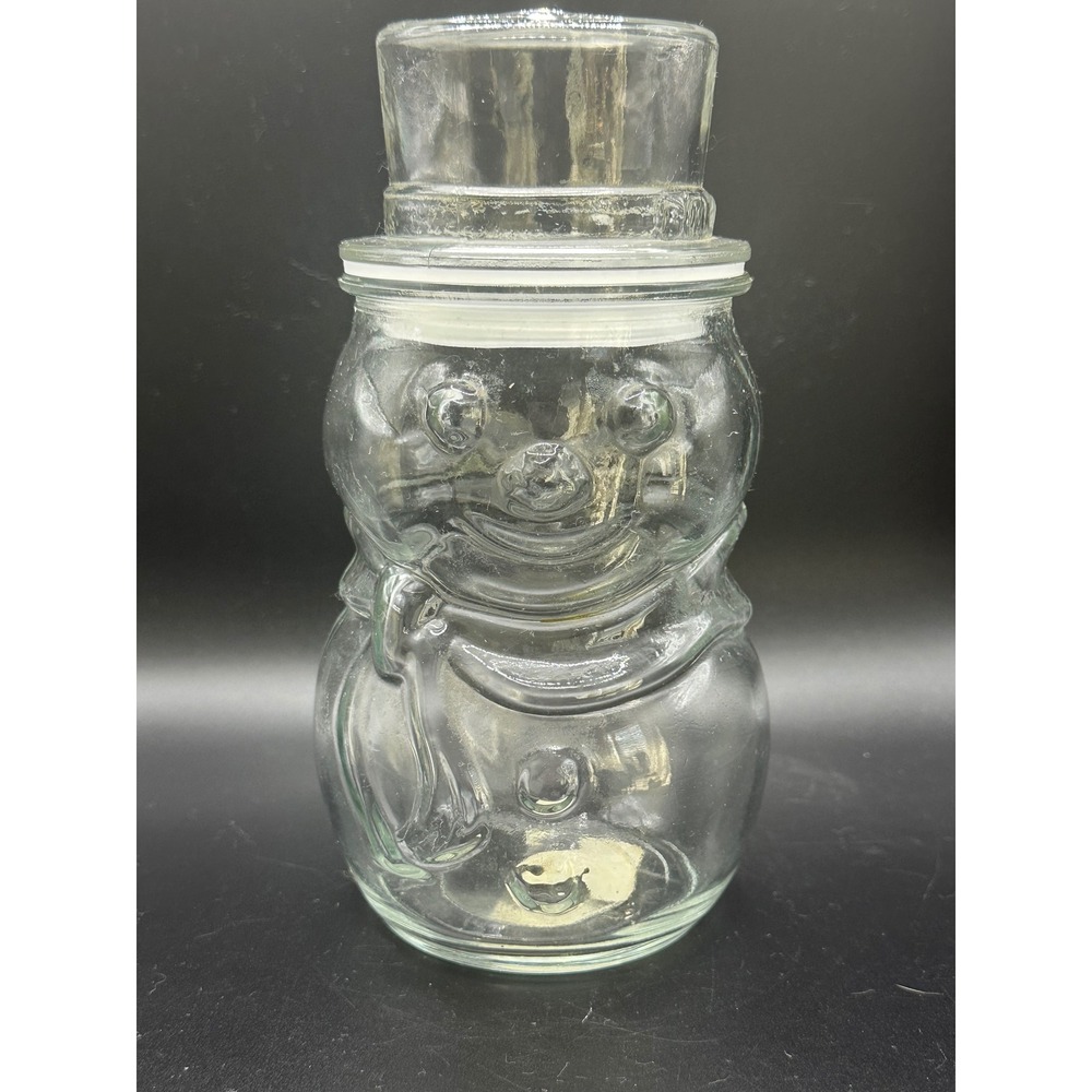 Vintage Clear Glass Snowman Canister Jar with Top Hat Lid Made in Mexico 7.5in